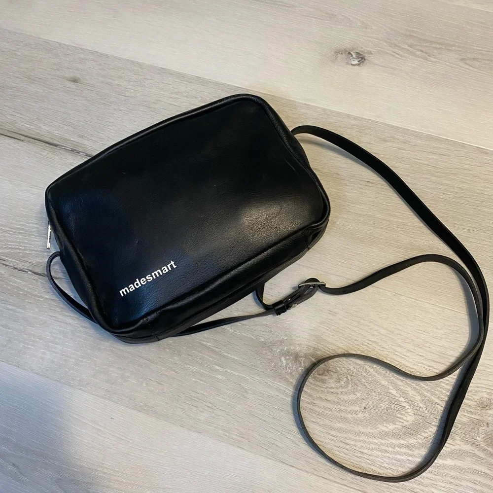 Madesmart Black Leather Zip Pouch Crossbody Bag, Made in Spain